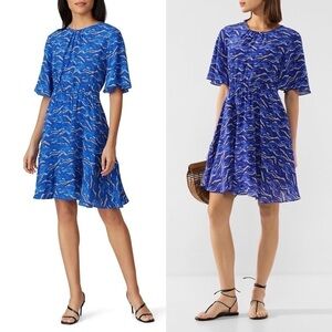 TARA JARMON Mini Dress Silk Watercolor Wave Print Flutter Short Sleeve Pleated 8